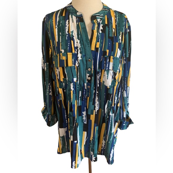 Cocomo Tops - COCOMO plus size green blue yellow 3/4 sleeve women's Pintuck Blouse shirt 3X